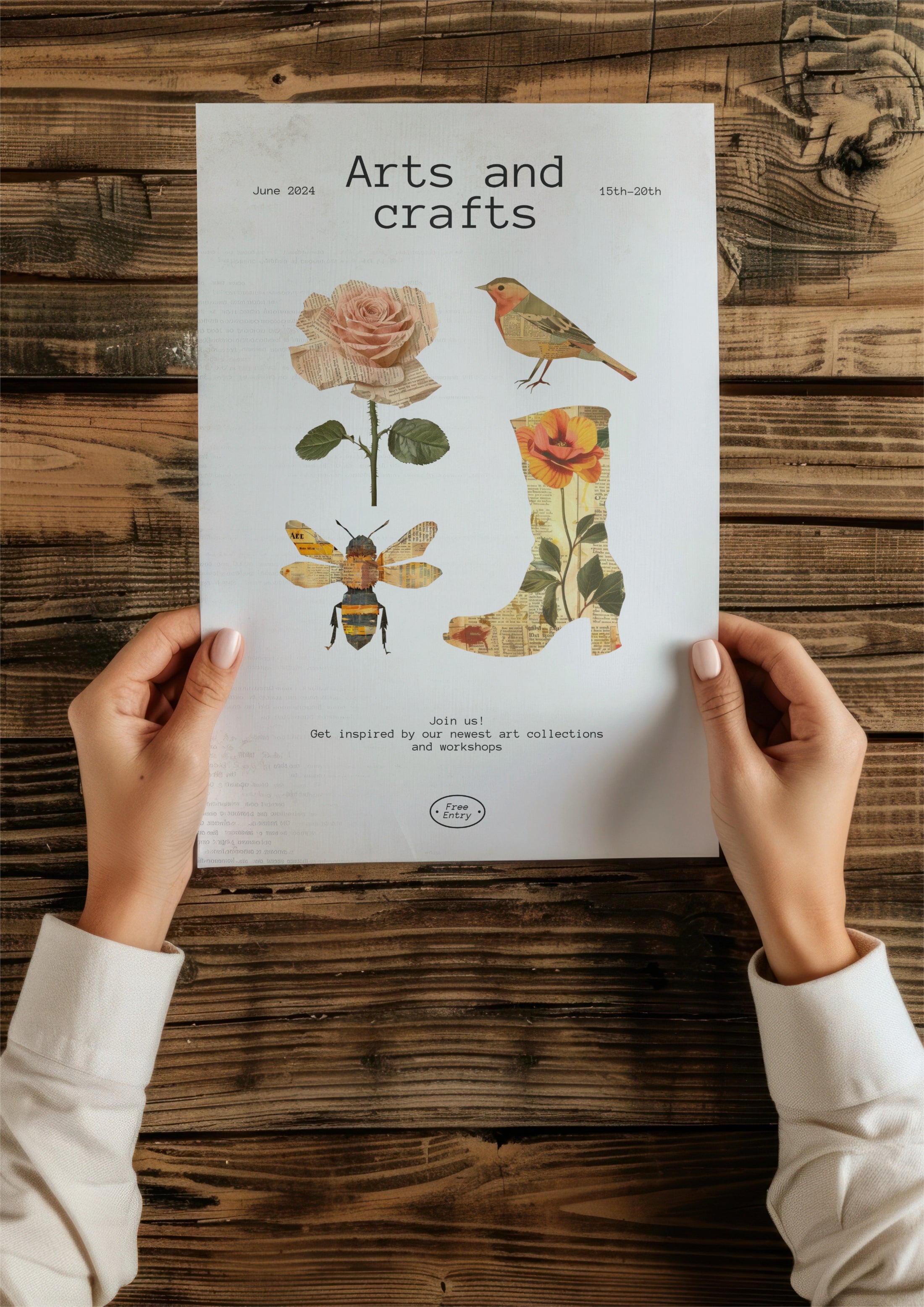 Person holding a Flyer titled 'Arts and crafts' on a wooden surface