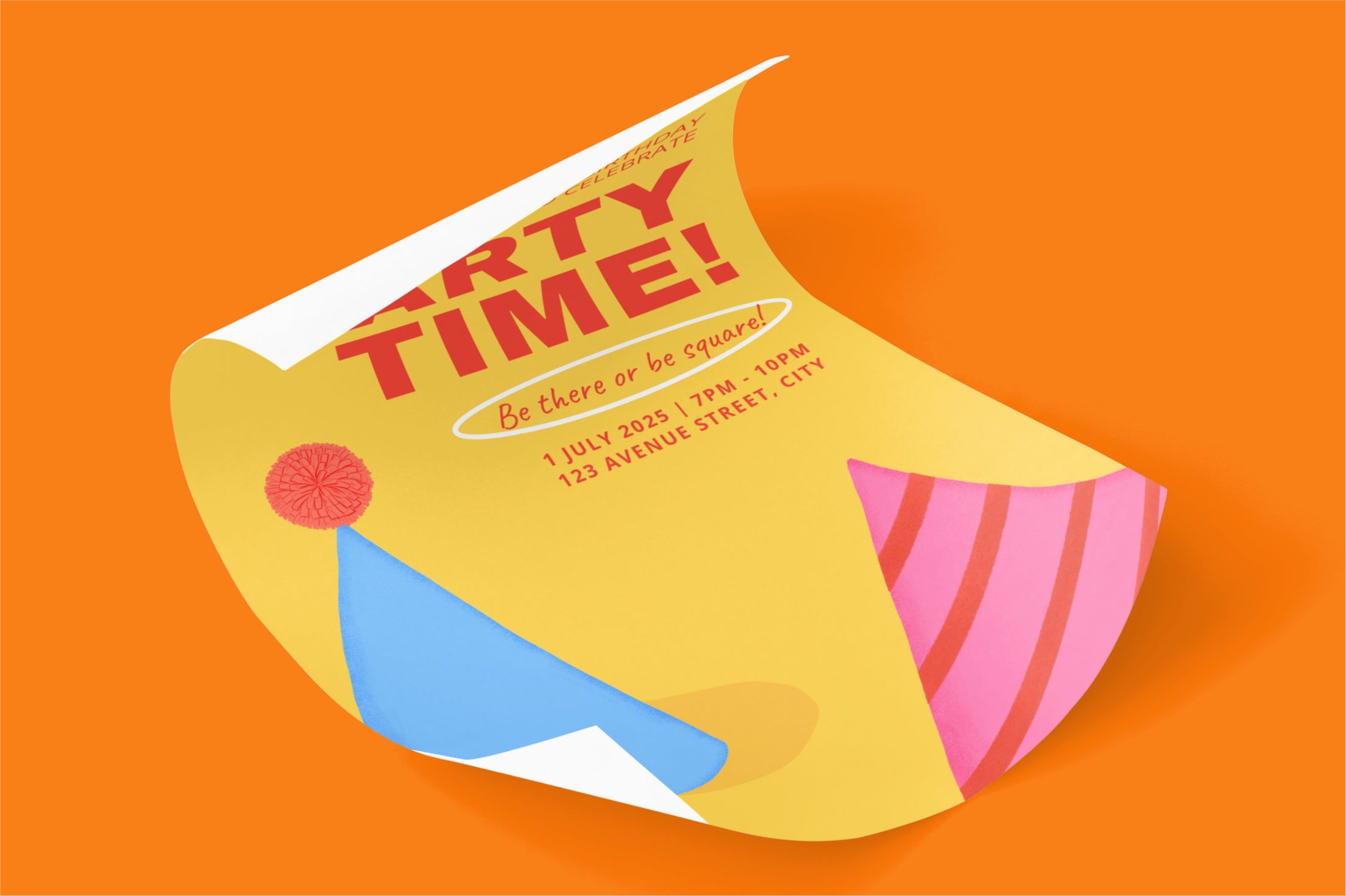 Colorful Flyer of a party hat with 'Dirty Time!' text on an orange background