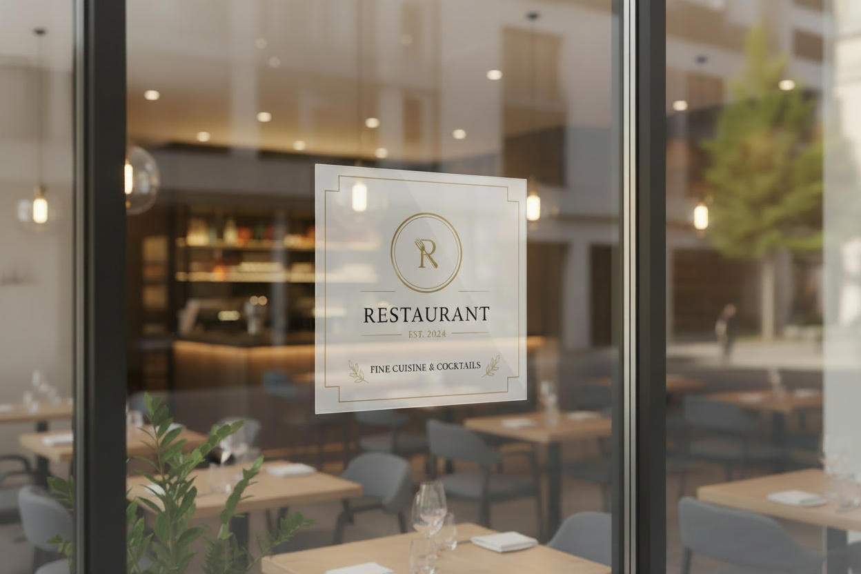 Restaurant window sign on glass door with interior view